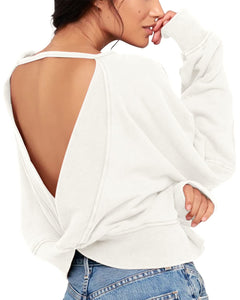 ReachMe Womens Open Back Sweatshirts Crop Backless Long Sleeve Shirts Off the Shoulder Crewneck Workout Tops(White,S)