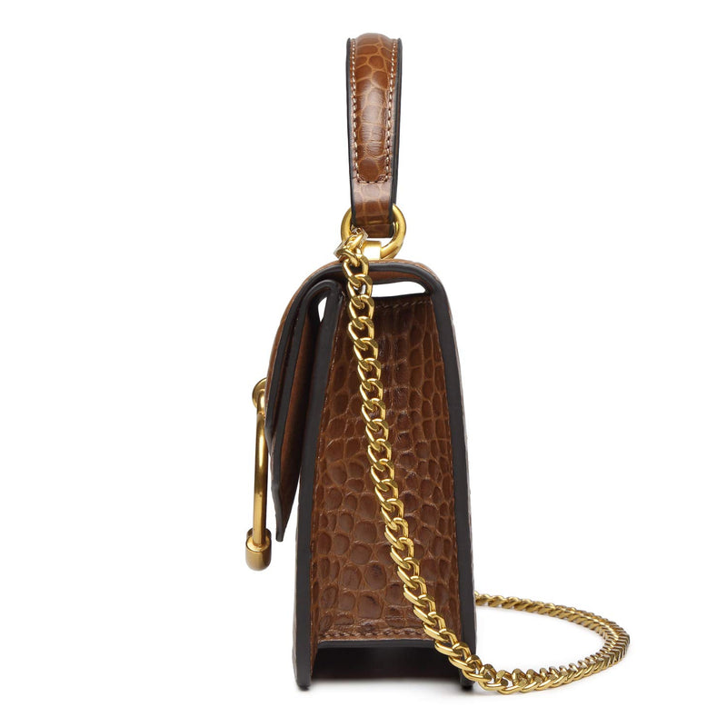 FEIMINA Croc Embossed Top Handle Handbag for Women Leather Mini Crossbody Purse with Gold Chain Strap Ring Closure Evening Bag for Ladies Girls (7.3" L x 5.5" H, Brown)