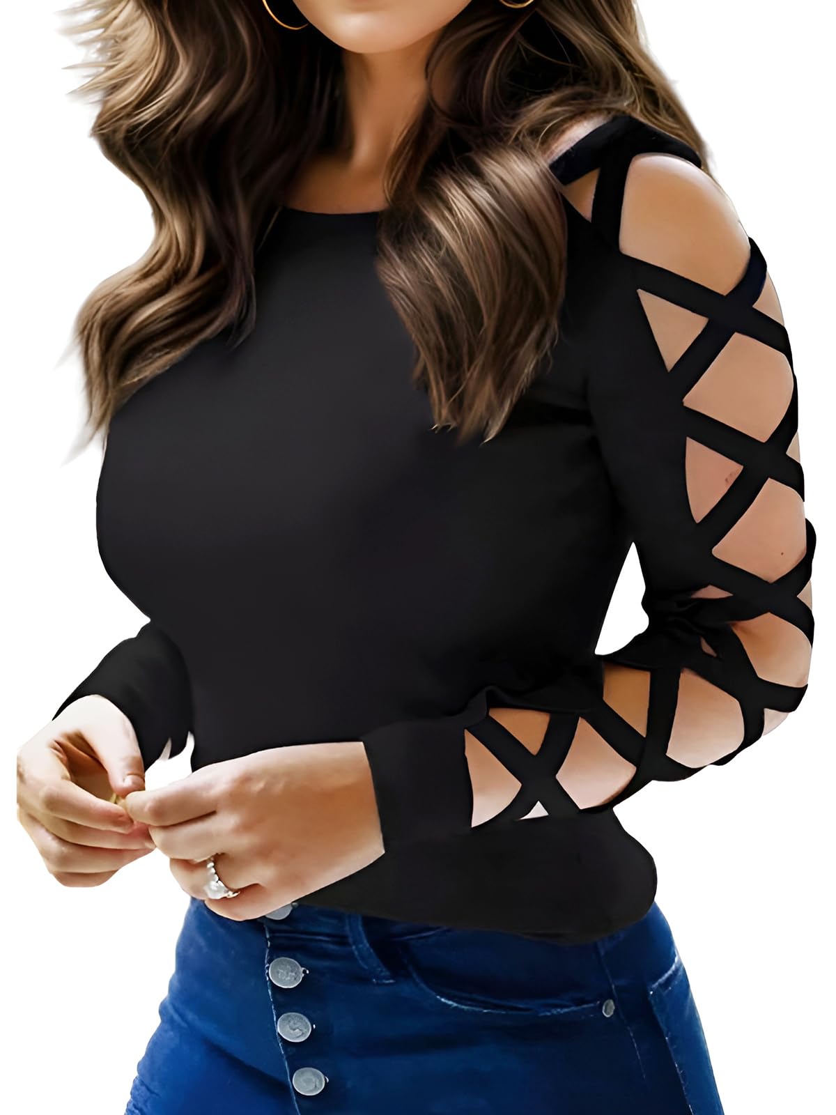 Women Sexy Tops Cold Shoulder Criss-Cross Long Sleeve Shirt Dressy Casual Hollow Cut Out Night Club Party Blouse Black