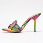 Load image into Gallery viewer, Cape Robbin Women&#39;s Stiletto Heels - Slip-On Sandals with Rhinestone-Embellished Knot &amp; Open Toe (Flynn) - Rainbow Pink Green Yellow Multicolored Size 7
