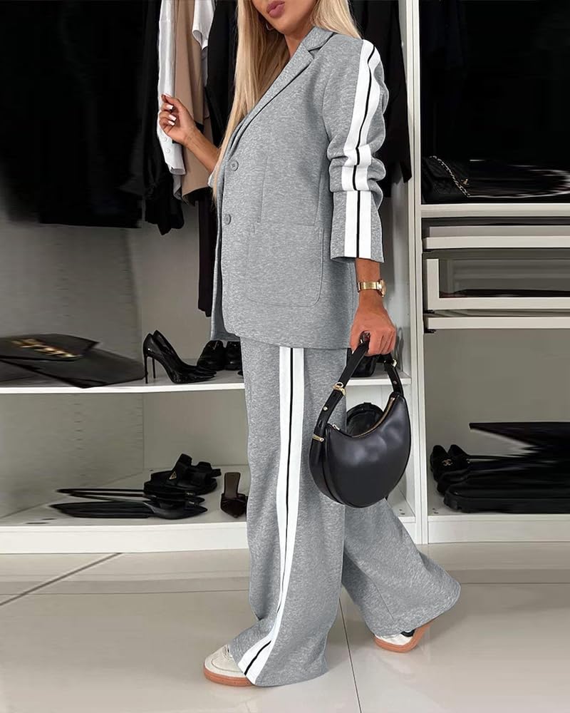 CHICME Womens Two Piece Outfits Striped Side Button Blazer and Pants with Pockets Sets Business Casual Pant Suits Set-lga-M Light Gray