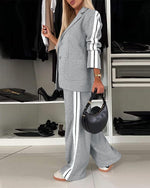 Load image into Gallery viewer, CHICME Womens Two Piece Outfits Striped Side Button Blazer and Pants with Pockets Sets Business Casual Pant Suits Set-lga-M Light Gray

