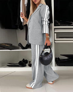 CHICME Womens Two Piece Outfits Striped Side Button Blazer and Pants with Pockets Sets Business Casual Pant Suits Set-lga-M Light Gray