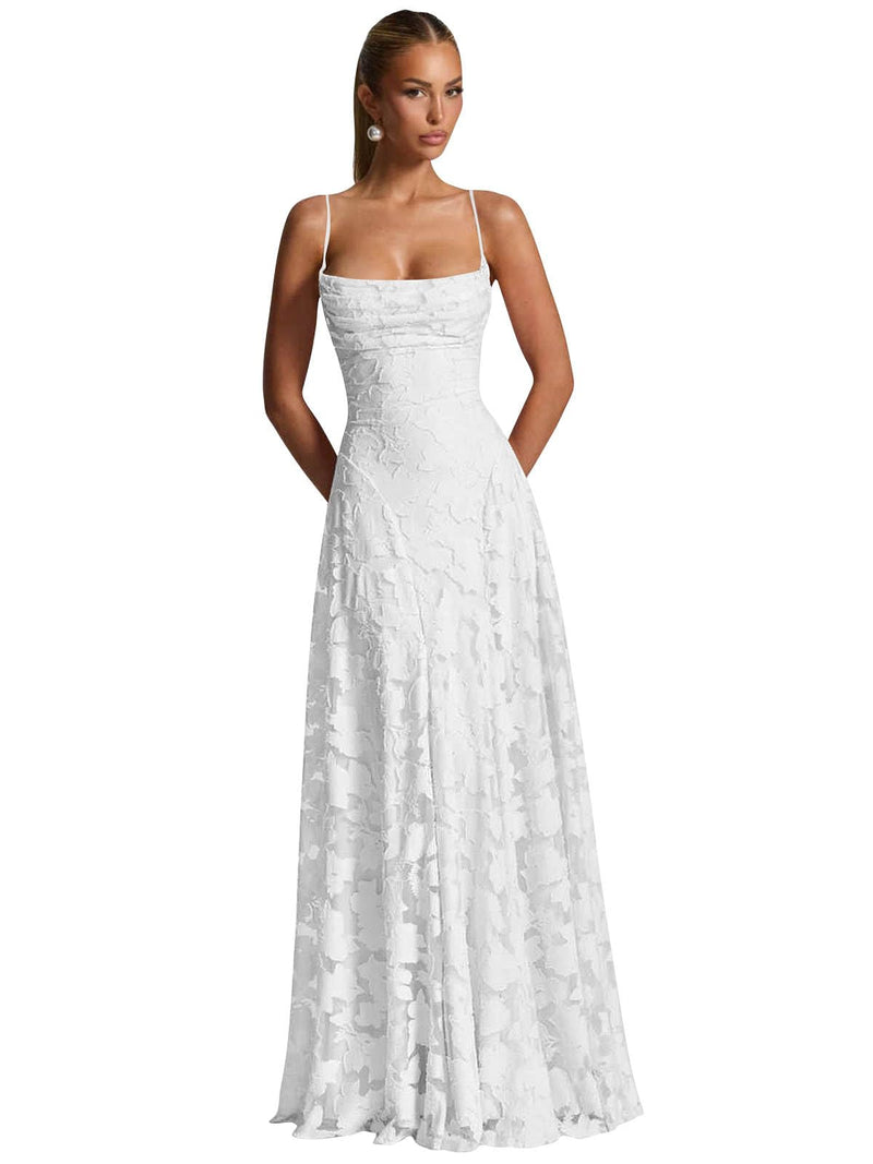 MCOLLNAS White Formal Dresses for Women A Line Cowl Neck Chiffon Evening Formal Dresses US8