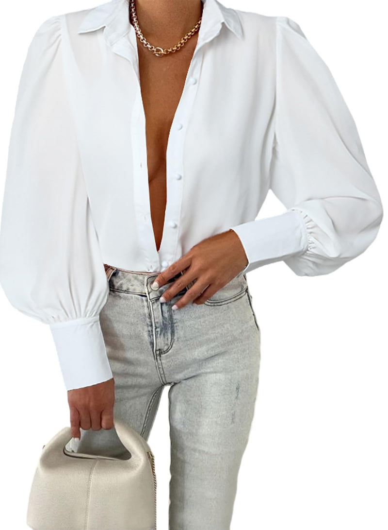 EVALESS Summer Tops for Women Long Sleeve Blouses for Women Dressy Casual Basic Western Shirt Sexy V Neck Tops Business Casual Outfits for Women Fashion Boho Clothes White Button Down Shirts, Medium