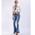 Load image into Gallery viewer, Womens Flared Bell Bottom Jeans for Women Stretch Floral Embroidered Jean Wide Leg Denim Pants Size 8 Ablue
