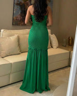 Load image into Gallery viewer, CHICME Floral Printed Prom Dress Tie Ruched Shirred Bandeau Party Dress Slim Fit Ruffle Hem Vacation Dresses Solid Green-M
