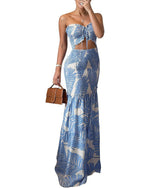 Load image into Gallery viewer, CHICME Floral Printed Prom Dress Drawstring Ruched Shirred Bandeau Party Dress Slim Fit Ruffle Hem Wedding Guest Dresses Blue-M
