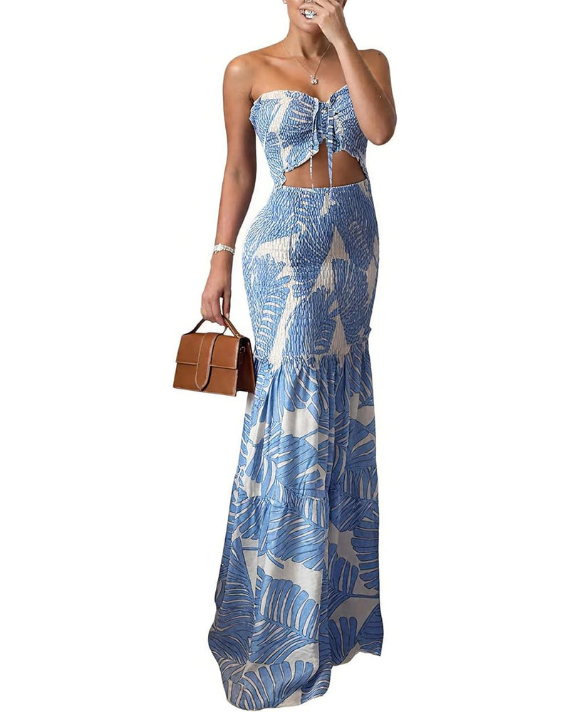 CHICME Floral Printed Prom Dress Drawstring Ruched Shirred Bandeau Party Dress Slim Fit Ruffle Hem Wedding Guest Dresses Blue-M