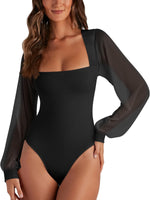 Load image into Gallery viewer, PINKMSTYLE Mesh Bodysuit for Women Sexy Slimming Square Neck Double Lined Tops Fall Classy Puff Long Sleeve Tops Shirts Black Medium
