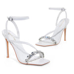 Load image into Gallery viewer, Elisabet Tang Women’s Crystal Stilettos Heeled Sandals, 4 Inch Square Open Toe Strappy Sexy High Heels Ankle Strap Buckle Heels for Party Wedding Dress Daily Wear Shoes Gold Size 8.5
