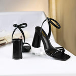 Load image into Gallery viewer, RIBONGZ Black Prom Heels for Women Chunky Block Heeled Sandals Square Open Toe Strappy High Heels Ankle Strap Wedding Bridal Shoes Sexy High Heel Sandals for Party Dress 8
