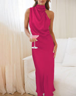 Load image into Gallery viewer, BTFBM Women Sleeveless Cocktail Dresses Fall Mock Neck Keyhole Elastic High Waist Evening Party Maxi Wedding Guest Dress(Rose Red, XX-Large)
