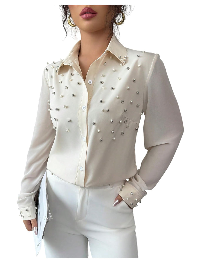 SweatyRocks Women's Pearl Elegant Tops Button Down Shirts Long Sleeve Work Office Blouse Apricot Small