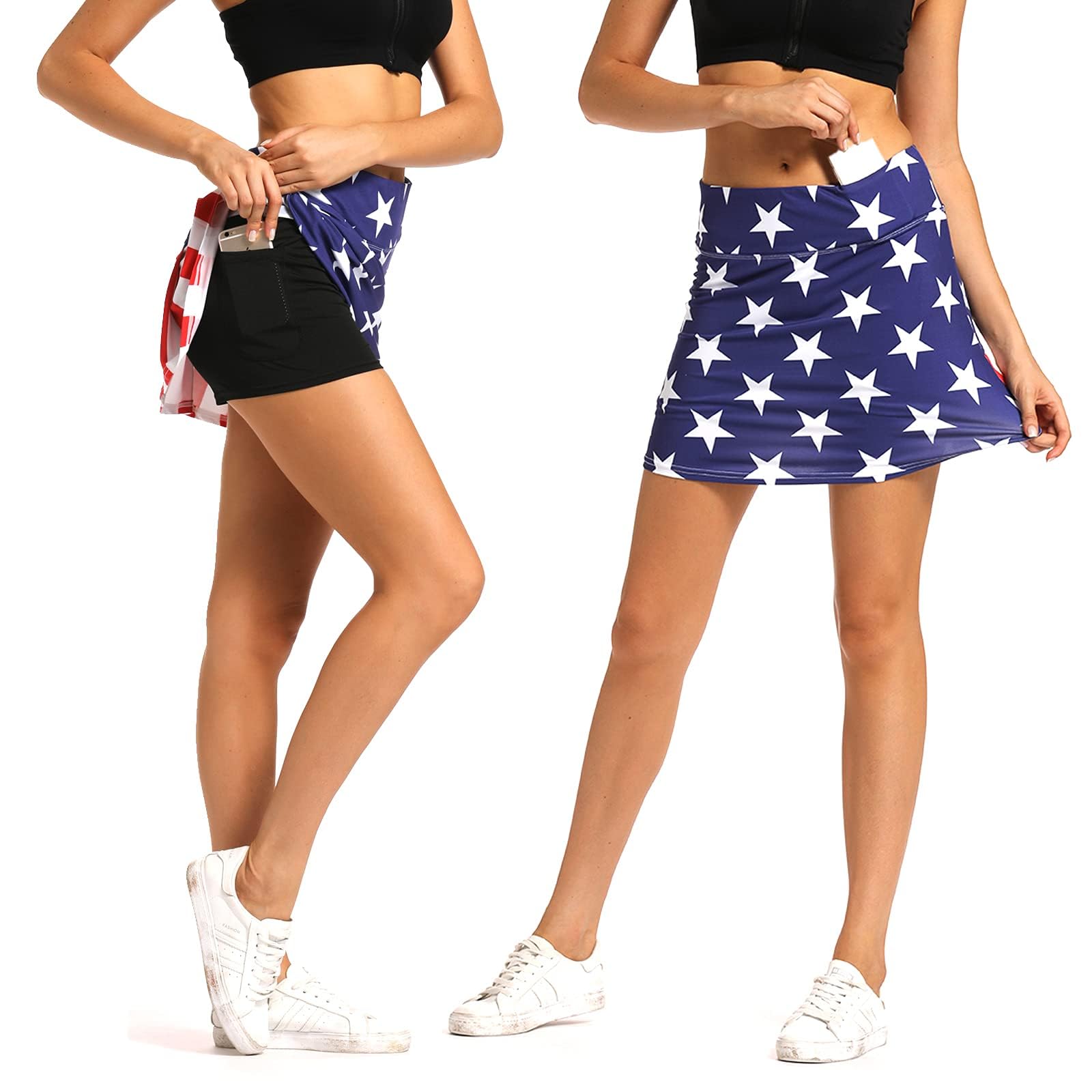 Pleated Tennis Skirt Golf Skort for Women with Pockets Shorts Athletic Workout Running Skirt Ruffle on Back (USA Flag, Medium)