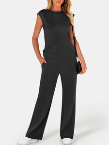 ANRABESS Two Piece Sets for Women Summer Sleeveless Sweatsuits Wide Leg Casual Lounge Set Matching Vacation Travel Outfits Medium