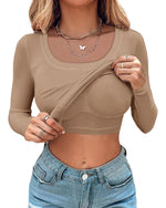 Load image into Gallery viewer, CHICME Women's Fall Long Sleeve Square Neck T Shirts with Built-in Shelf Bra Ribbed Knit Slim Fit Casual Tops Khaki-M
