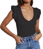Load image into Gallery viewer, Women's Deep V Neck Ruffle Sleeve Shirts Summer Ribbed Knit Slim Fitted Tops Casual Tight Tshirt 2025 Trendy Clothes Black,M
