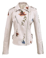 Load image into Gallery viewer, YILANUOYI Women's Embroidered Studded Faux Leather Jacket Moto Punk Jacket Floral Coat (M, XHPY Beige)
