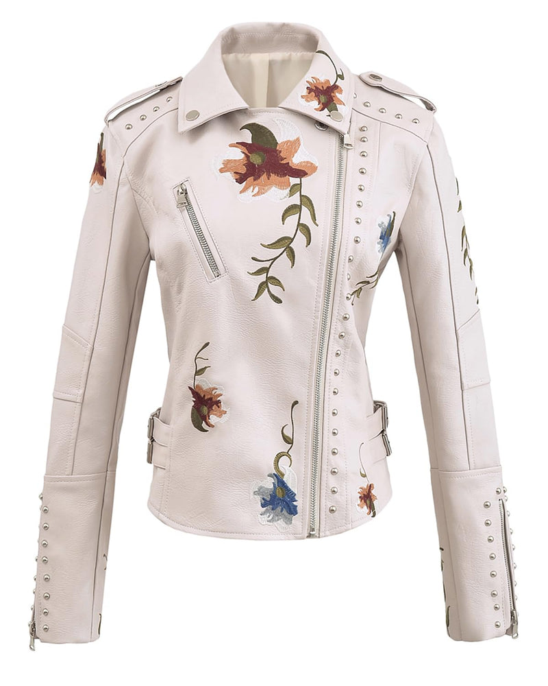 YILANUOYI Women's Embroidered Studded Faux Leather Jacket Moto Punk Jacket Floral Coat (M, XHPY Beige)