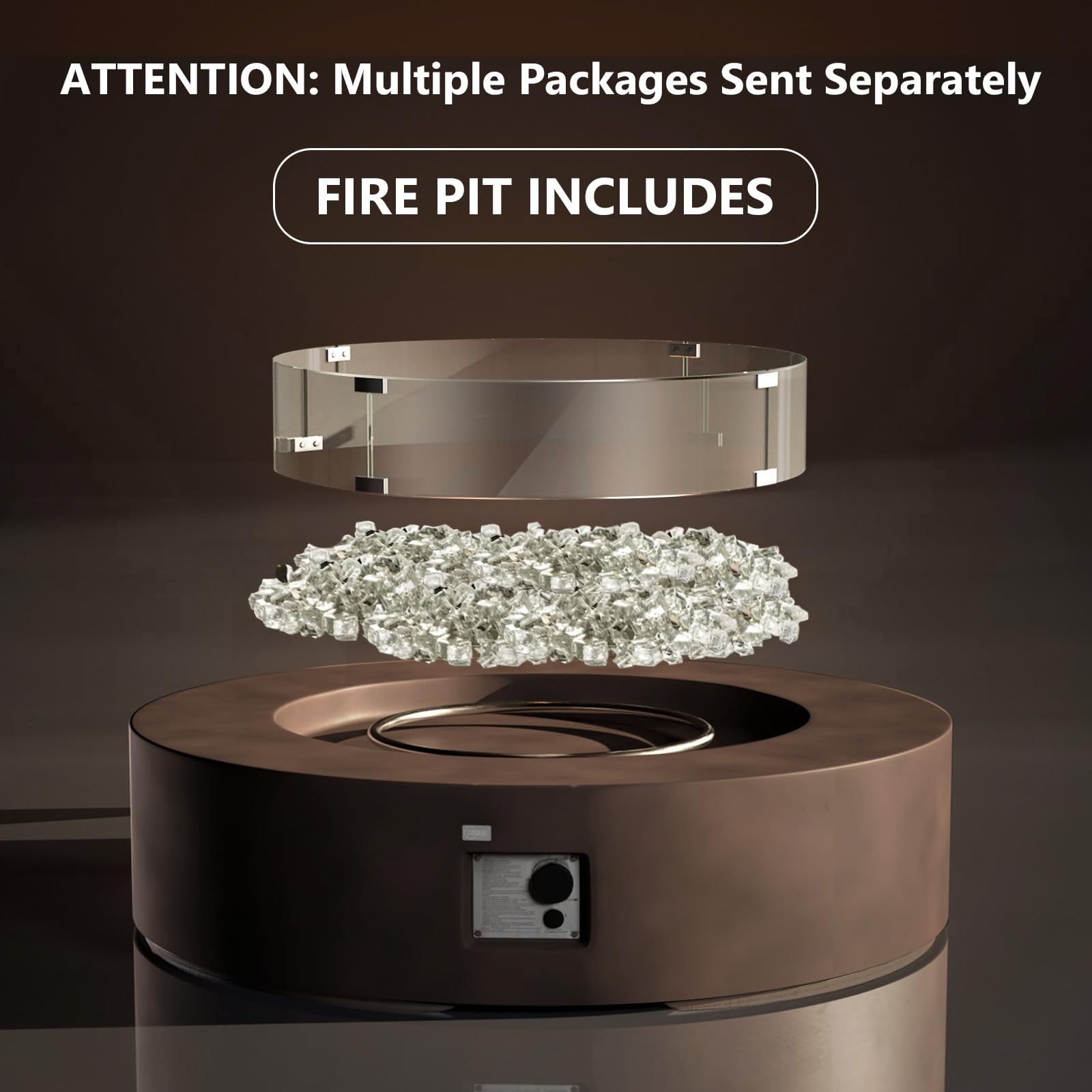 COSIEST Outdoor Propane Fire Pit Coffee Table w Dark Bronze 40.5" Round Base Patio Heater, CSA Certified, 50,000 BTU Stainless Steel Burner, Wind Guard, Transparent Gray Fire Glass, Waterproof Cover
