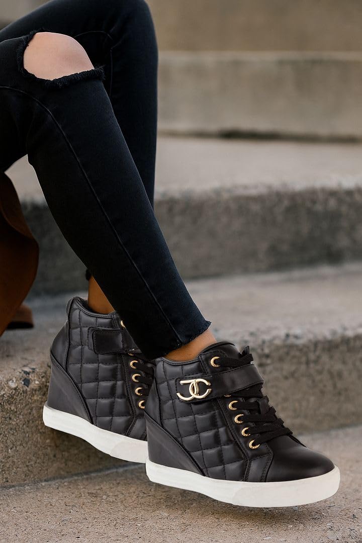 Juicy Couture Womens Wedge Sneakers High Top Womens Sneakers with Wedge, Wedgies Sneakers for Women-Journey 8 Black