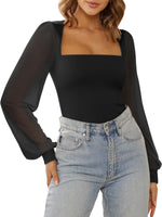 Load image into Gallery viewer, PINKMSTYLE Mesh Bodysuit for Women Sexy Slimming Square Neck Double Lined Tops Fall Classy Puff Long Sleeve Tops Shirts Black Medium
