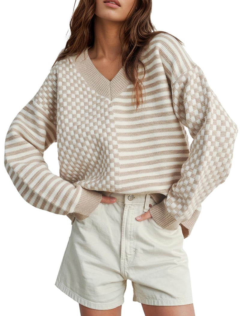 UNCLECAT Women's Striped Checkered Sweater 2025 V Neck Fall Sweaters Casual Knit Trendy Pullover Tops Beige