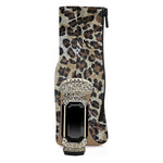 Load image into Gallery viewer, FSJ Women Chic Pointed Toe Crystal Chunky Block High Heel Ankle Boots Glossy Side Zipper Casual Daily Ladies Shoes Size 7 Leopard
