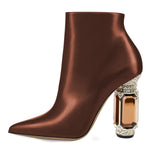 Load image into Gallery viewer, FSJ Women Chic Pointed Toe Crystal Chunky Block High Heel Ankle Boots Glossy Side Zipper Casual Daily Fashion Ladies Shoes Size 7 Brown
