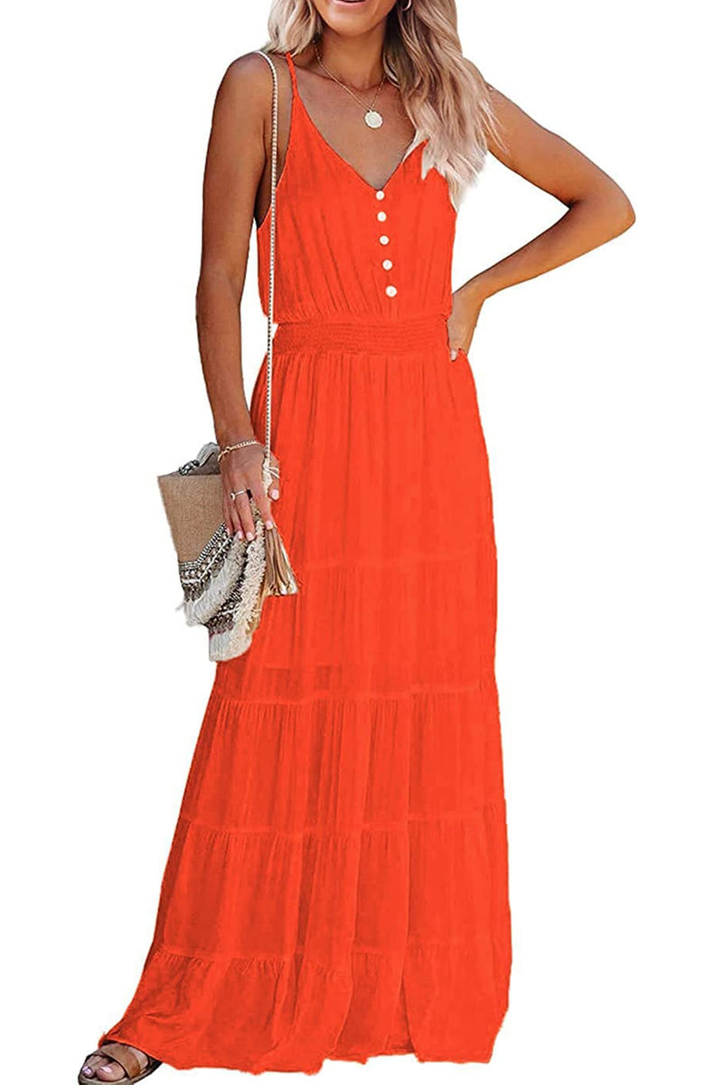 PRETTYGARDEN Women's Casual Summer Dress Spaghetti Strap Sleeveless High Waist Beach Long Maxi Sun Dresses (Orange,Medium)