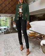 Load image into Gallery viewer, CHICME Women Argyle Cable Cardigan Casual Lightweight Cropped Coat Stand Collar Long Sleeve Metal Button Front Fall Green Jackets-M
