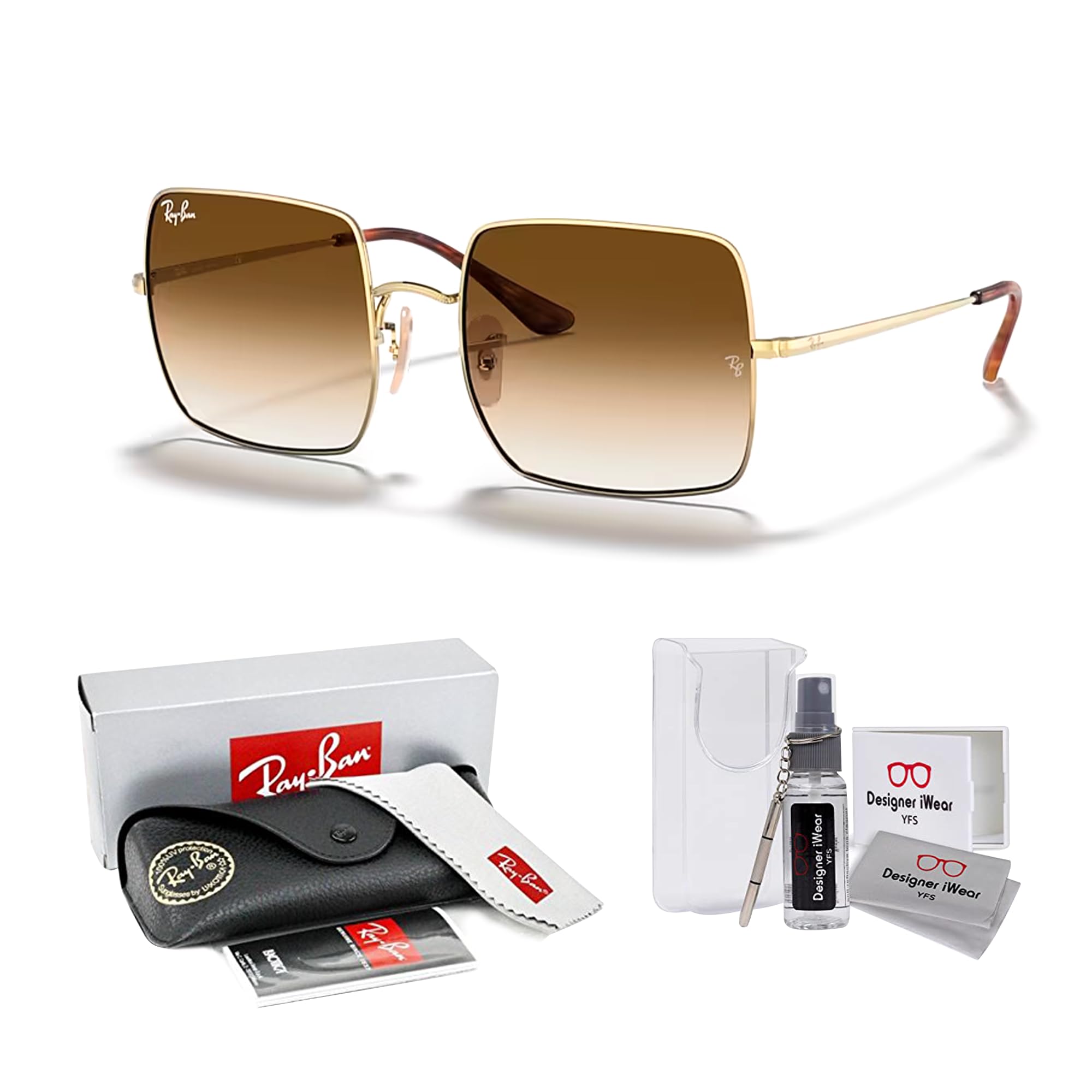 Ray-Ban RB1971 914751 54MM Gold/Crystal Lens Clear Gradient Brown Square Sunglasses for Women + BUNDLE with ACCESSORY EYEWEAR KIT