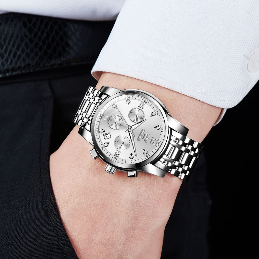 OLEVS Large Face Watches for Men Silver Bezel Diamond Chronograph Watches Stainless Steel Strap Luxury Men Three Hand Watch Waterproof Auto Calendar Easy Read Analog Men's Quartz Watch Reloj De Hombre