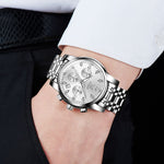 Load image into Gallery viewer, OLEVS Large Face Watches for Men Silver Bezel Diamond Chronograph Watches Stainless Steel Strap Luxury Men Three Hand Watch Waterproof Auto Calendar Easy Read Analog Men&#39;s Quartz Watch Reloj De Hombre
