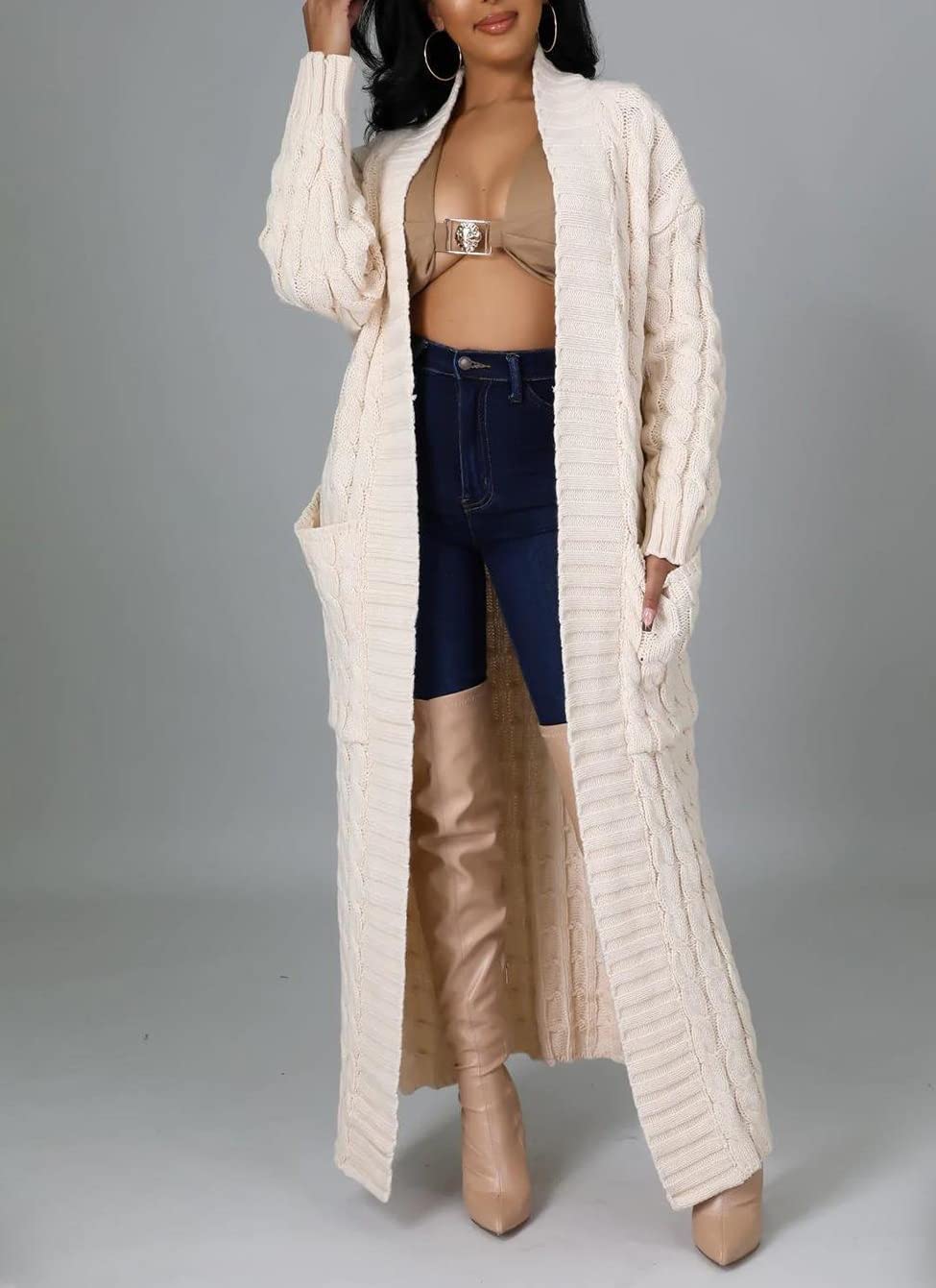 Long Duster Cardigans for Women, Womens Floor Length Cardigans Sweaters with Pockets Open Front Long Sleeve Plus Size Chunky Cable Knit Winter Coat Beige