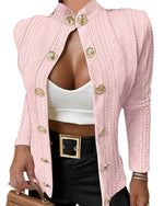 Load image into Gallery viewer, CHICME Women Argyle Cable Cardigan Casual Lightweight Cropped Coat Stand Collar Long Sleeve Metal Button Front Fall Jackets Pink-M
