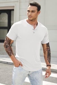 JMIERR Mens Muscle Slim Fit Button Henley Shirts Summer Crewneck Short Sleeve Longline Fitted T-Shirt Gym Workout Athletic Tee Shirt for Man, 2XL, White