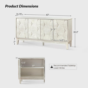 HULALA HOME Mid Century Sideboard Buffet Cabinet with Solid Wood Legs, 60" Kitchen Storage Cabinet Credenza with 4 Doors and 2 Shelves, Accent Console Table, White