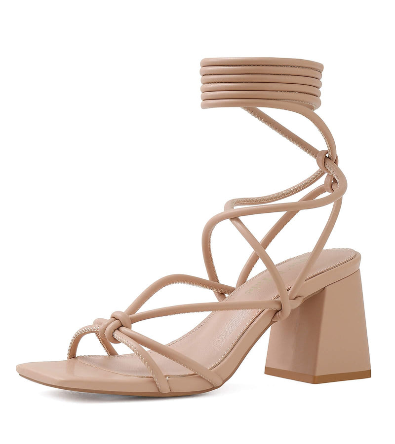 Shoe'N Tale Lace Up Heels for Women Ankle Strappy Gladiator High Heeled Sandals Chunky Block Heel Square Open Toe Criss Cross Dress Shoes(7.5,Nude)
