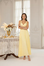 Load image into Gallery viewer, Uknztcl Pleated Satin Sleeveless Hot Pink Formal Wedding Guest Dresses for Women V-Neck A-Line Tea Lenght Formal Evening Dress with Pleates US2
