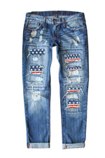 Load image into Gallery viewer, EVALESS American Flag Ripped Jeans for Women Boyfriend Distressed Patchwork Print Mom Mid Rise Jeans 2025 Fashion Embroidered Wide Leg Losse Baggy Denim Pants with Hole Blue Medium
