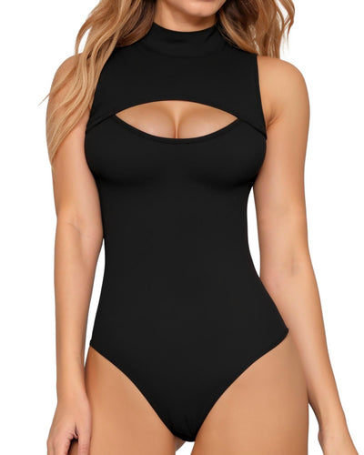 MANGOPOP Black Bodysuit Mock Neck Cutout Body Suit Sleeveless Tank Tops(Black,M)
