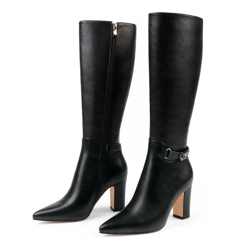 JOY IN LOVE Women's Knee High Boots High Block Heel Pointy Toe Zipper Boots Black US 10