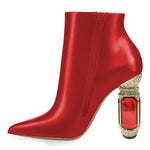 Load image into Gallery viewer, FSJ Women Chic Pointed Toe Crystal Chunky Block High Heel Ankle Boots Glossy Side Zipper Casual Daily Ladies Shoes Size 7 Bright Red
