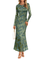 Load image into Gallery viewer, MEROKEETY Women's 2026 Spring Wedding Guest Maxi Dress Long Sleeve Bodycon Floral Mesh Fall Cocktail Formal Party Dresses, GrayGreen, Medium
