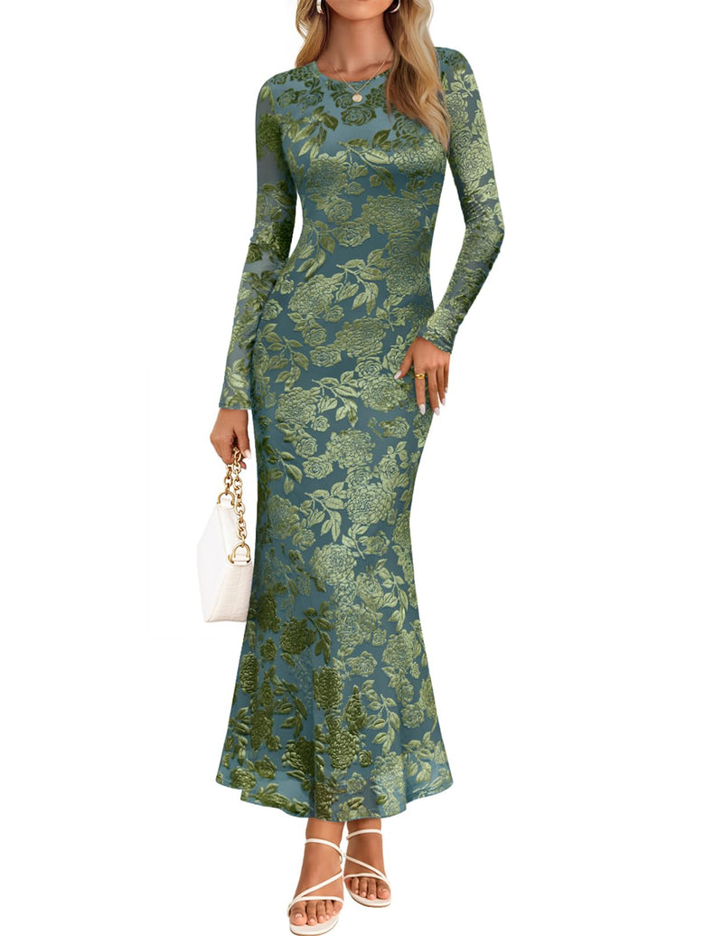 MEROKEETY Women's 2026 Spring Wedding Guest Maxi Dress Long Sleeve Bodycon Floral Mesh Fall Cocktail Formal Party Dresses, GrayGreen, Medium