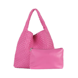 LMKIDS Women Vegan Leather Hand-Woven Tote Handbag Fashion Shoulder Top-handle Bag All-Match Underarm Bag with Purse (Rose Red)