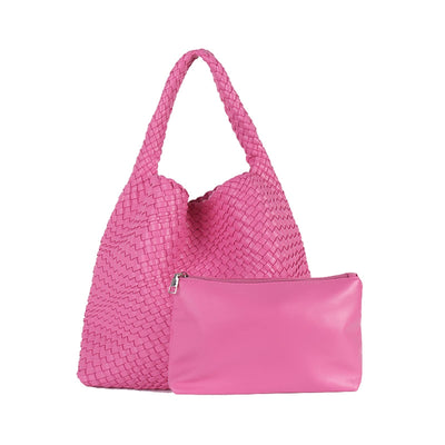 LMKIDS Women Vegan Leather Hand-Woven Tote Handbag Fashion Shoulder Top-handle Bag All-Match Underarm Bag with Purse (Rose Red)
