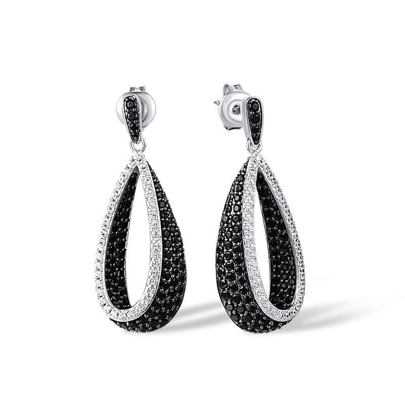 Santuzza 925 Sterling Silver Teardrop Earrings Black Spinel Cubic Zirconia Black and White Dangle Earrings for Women